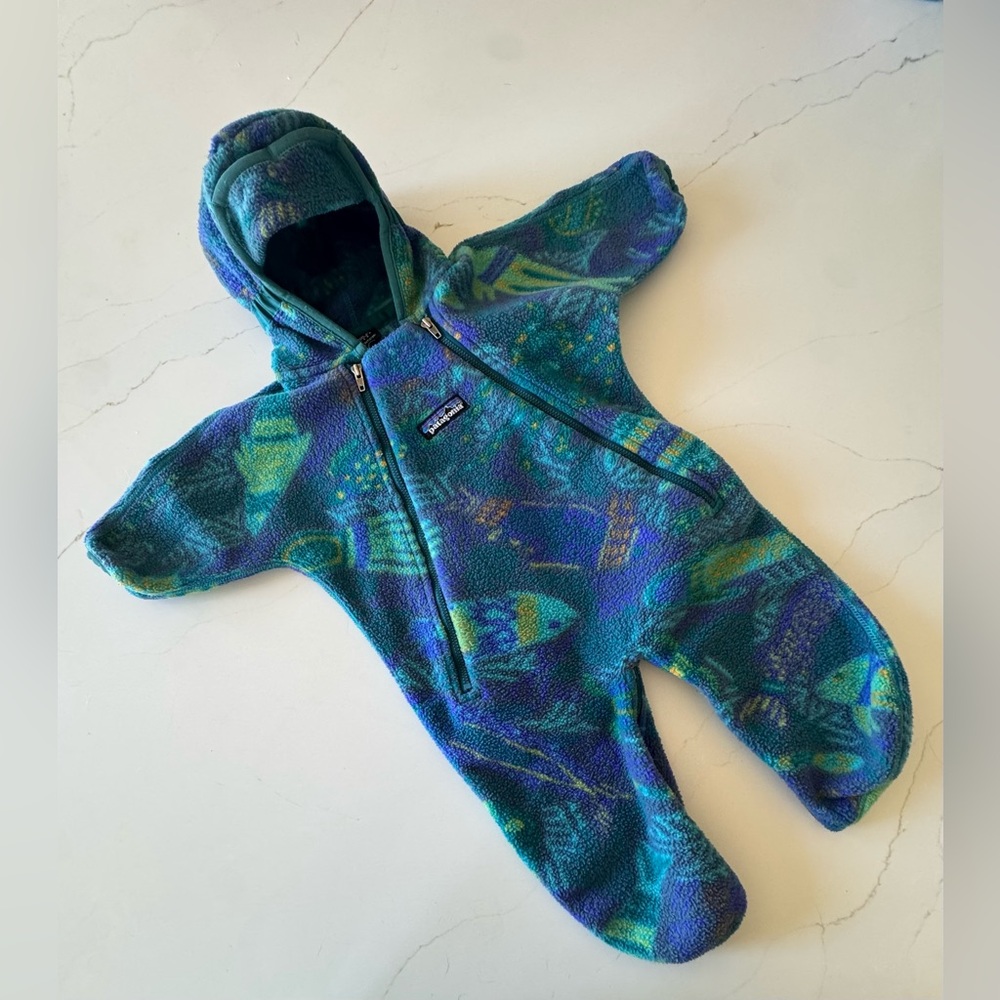 VTG Patagonia Fleece Bunting One Piece 3 Month Deep Sea Creatures 90s AOP - Picture 2 of 12